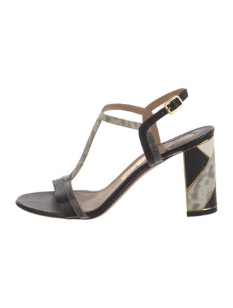 Salvatore Ferragamo Lizard Leather Trim Embellishment T-Strap Sandals