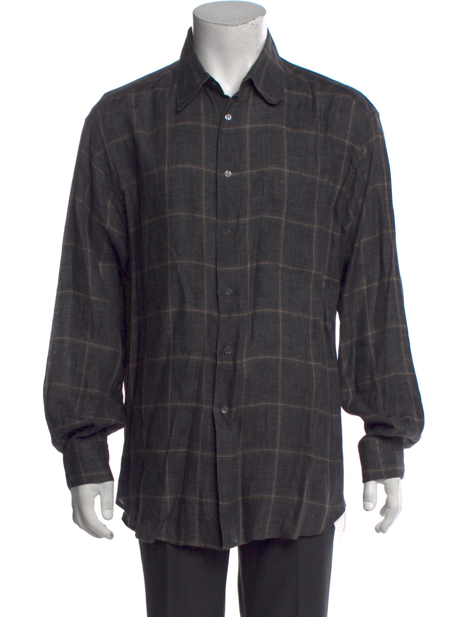 Salvatore Ferragamo Linen Plaid Print Dress Shirt