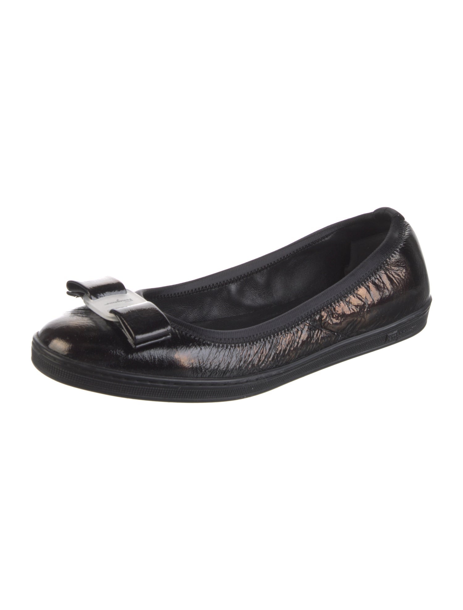 Salvatore Ferragamo Patent Leather Bow Accents Ballet Flats
