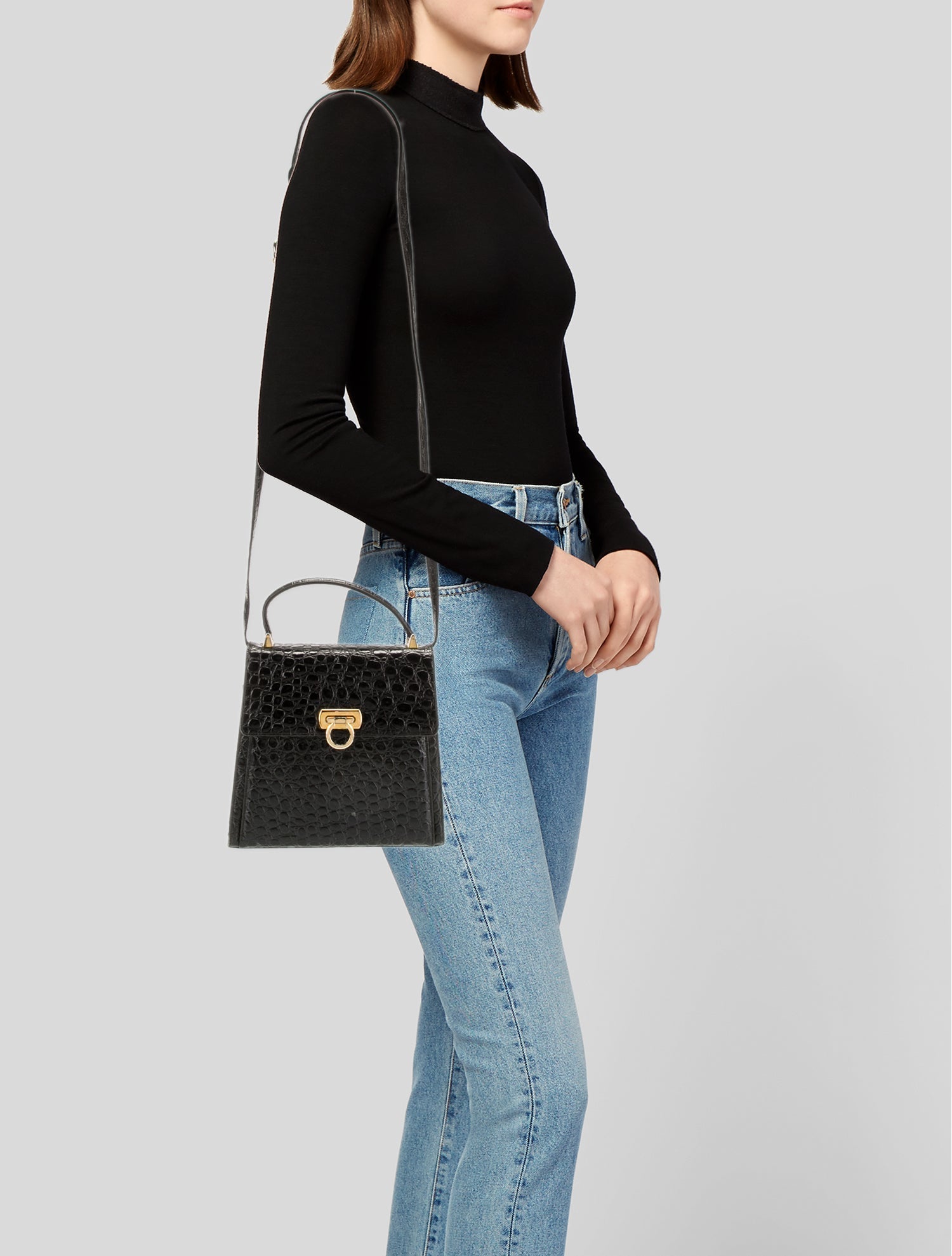 Salvatore Ferragamo Embossed Leather Top Handle Bag Vintage
