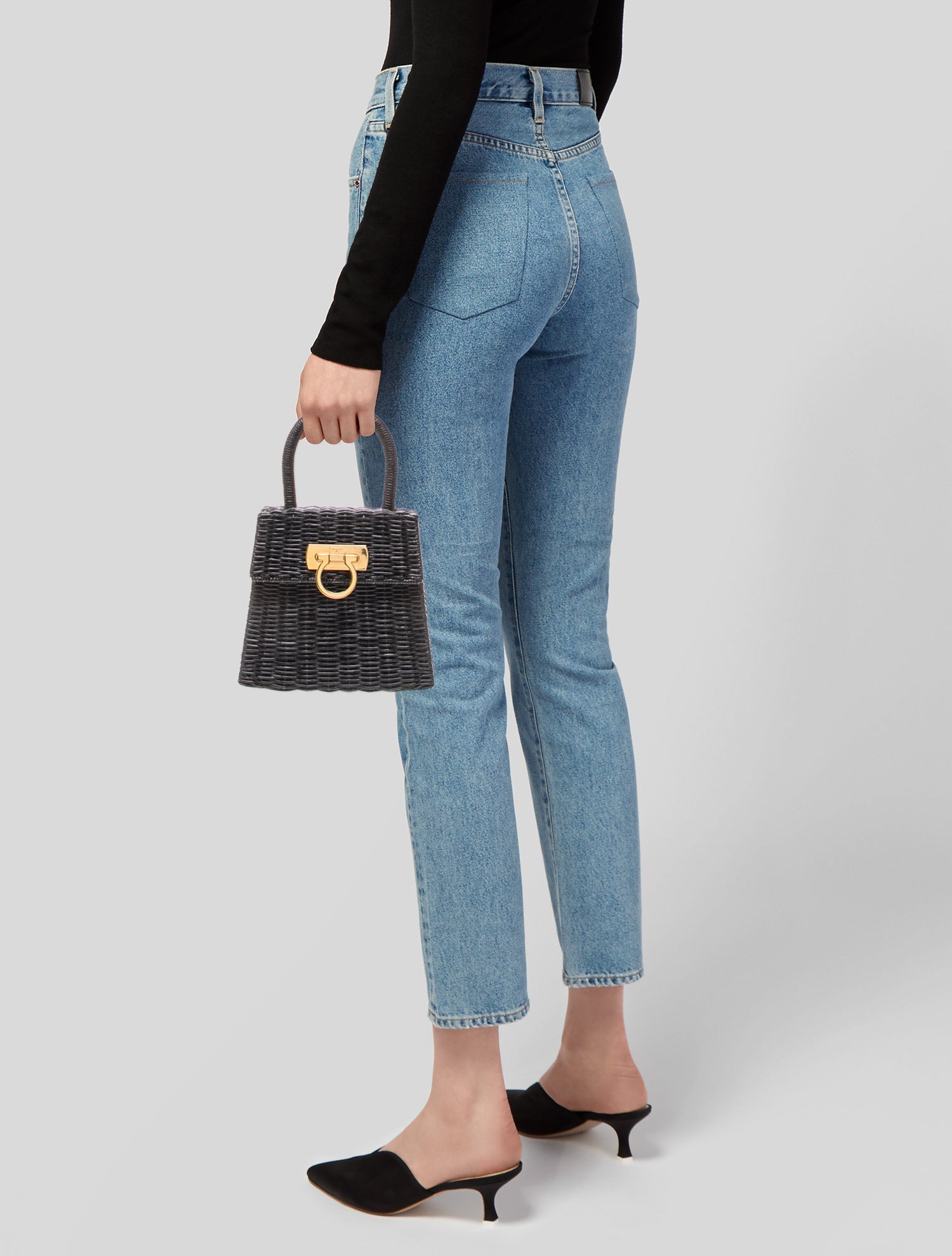 Salvatore Ferragamo Wicker Top Handle Bag - Black Handle Bags