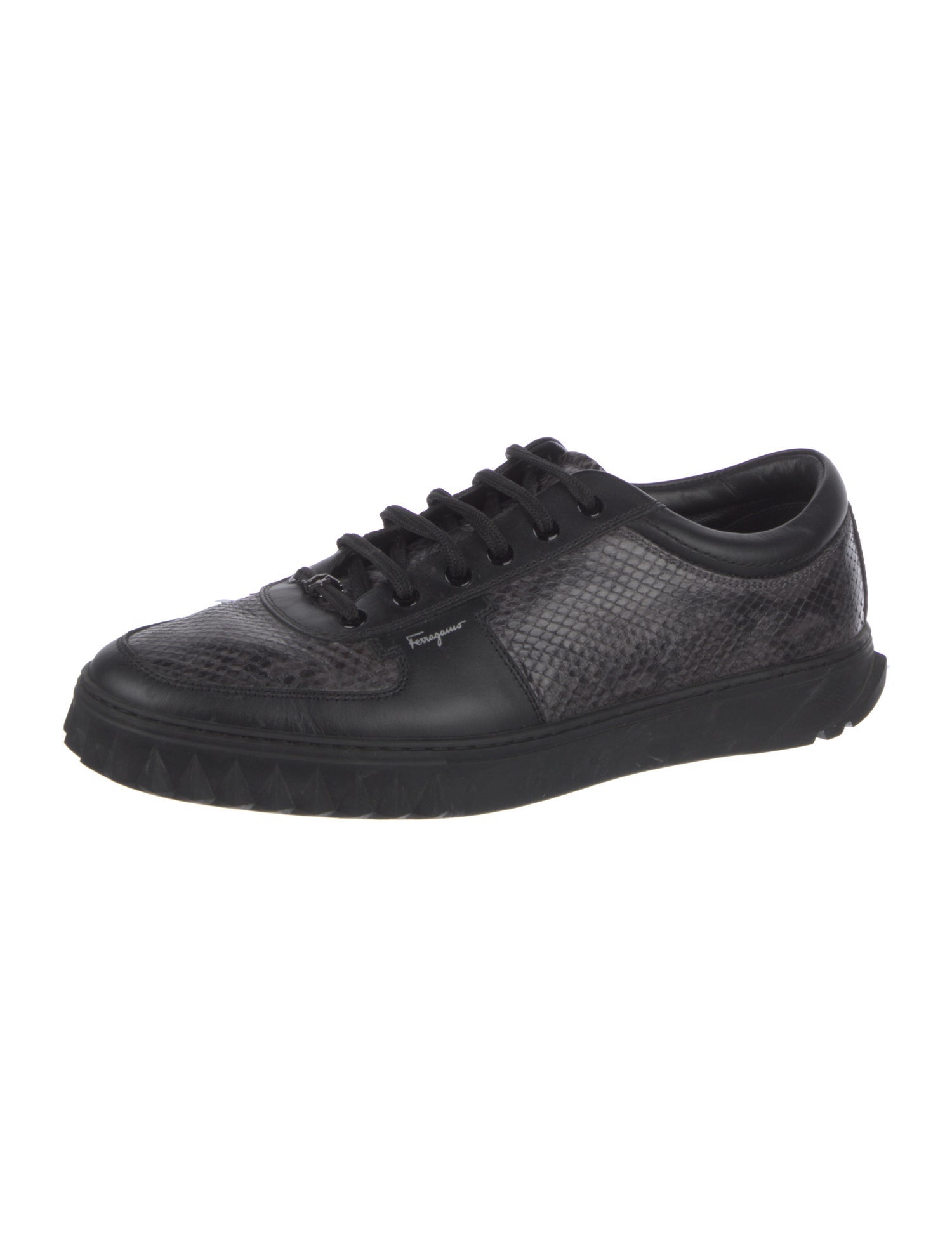 Salvatore Ferragamo 黒オープントゥヒール　23.5 Salvatore Ferragamo Snakeskin Leather Trim Embellishment Sneakers