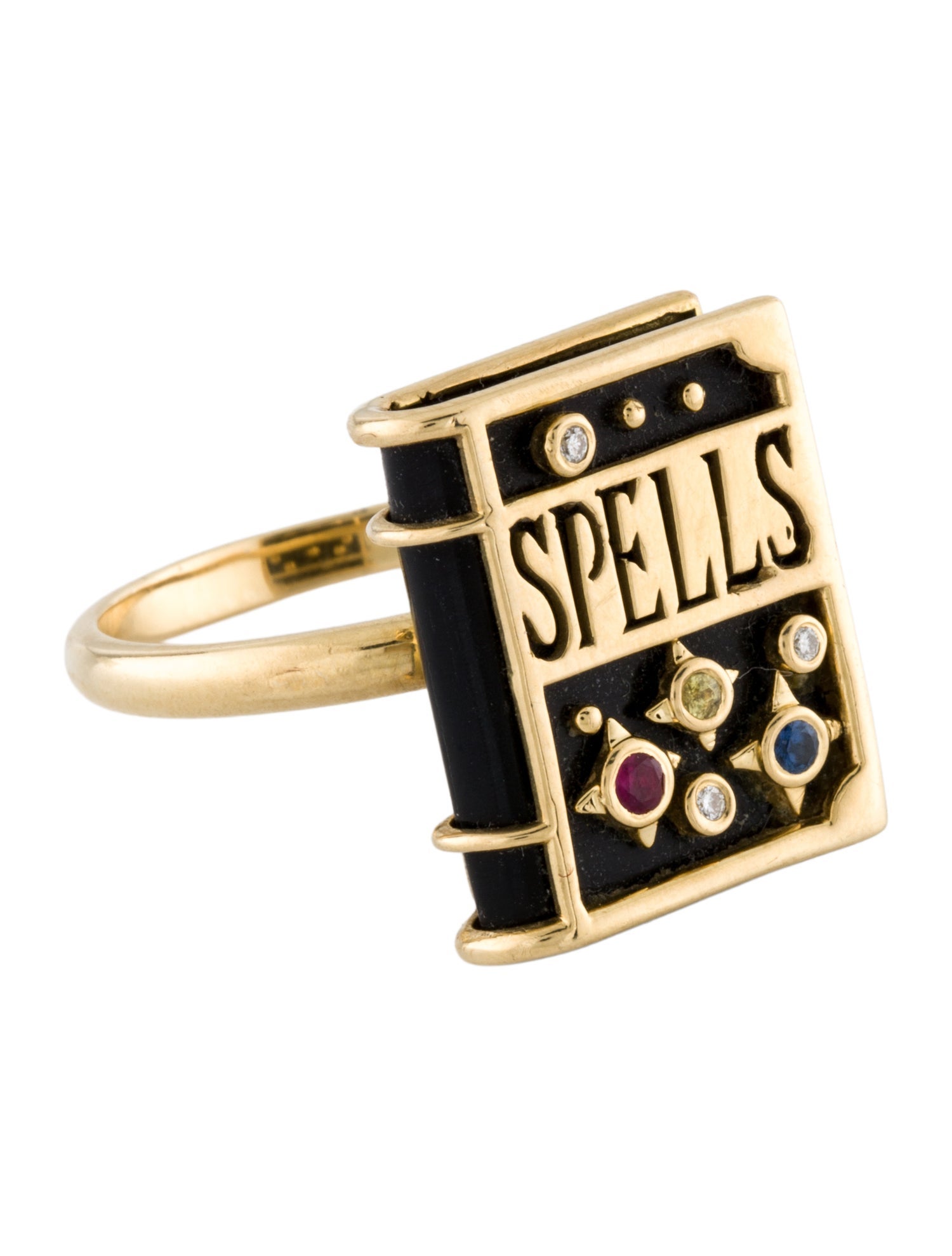 Sauer 18K Horn, Sapphire, Ruby & Diamond Spells Book Ring