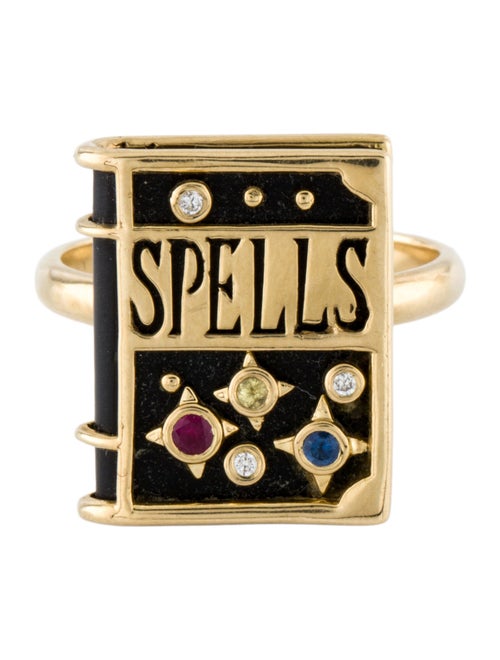 Sauer 18K Horn, Sapphire, Ruby & Diamond Spells Book Ring
