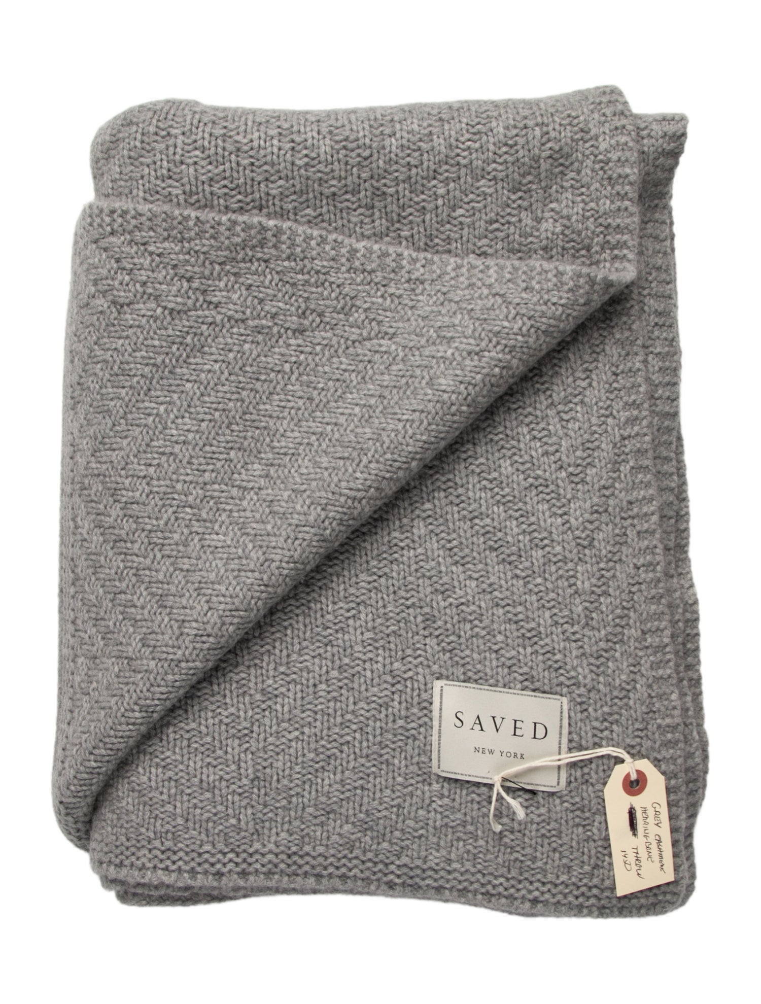 Saved NY Herringbone Knit Cashmere Throw Blanket
