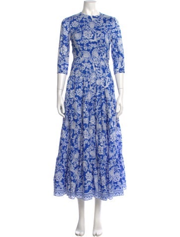Pre-owned Scanlan Theodore Floral Print Long Dress In Blue