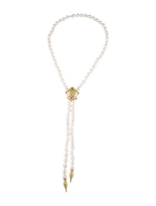 Seidengang 18K Pearl,Tourmaline,Diopside & Diamond Slide Pendant w/ Pearl Strand Lariat