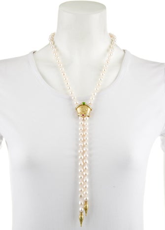 Seidengang 18K Pearl,Tourmaline,Diopside & Diamond Slide Pendant w/ Pearl Strand Lariat