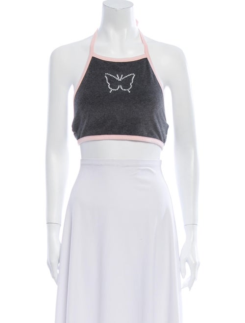 Sandy Liang Graphic Print Halterneck Crop Top Grey