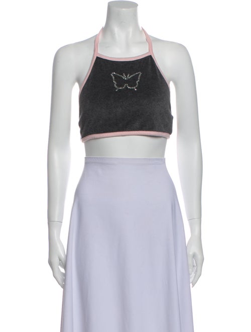 Sandy Liang Graphic Print Halterneck Crop Top Grey