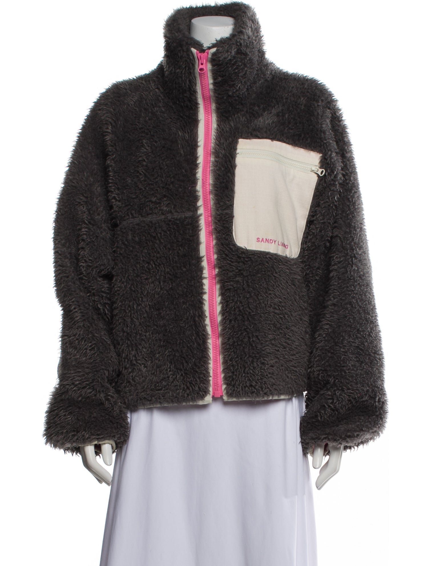 Sandy Liang Colorblock Pattern Faux Fur Jacket