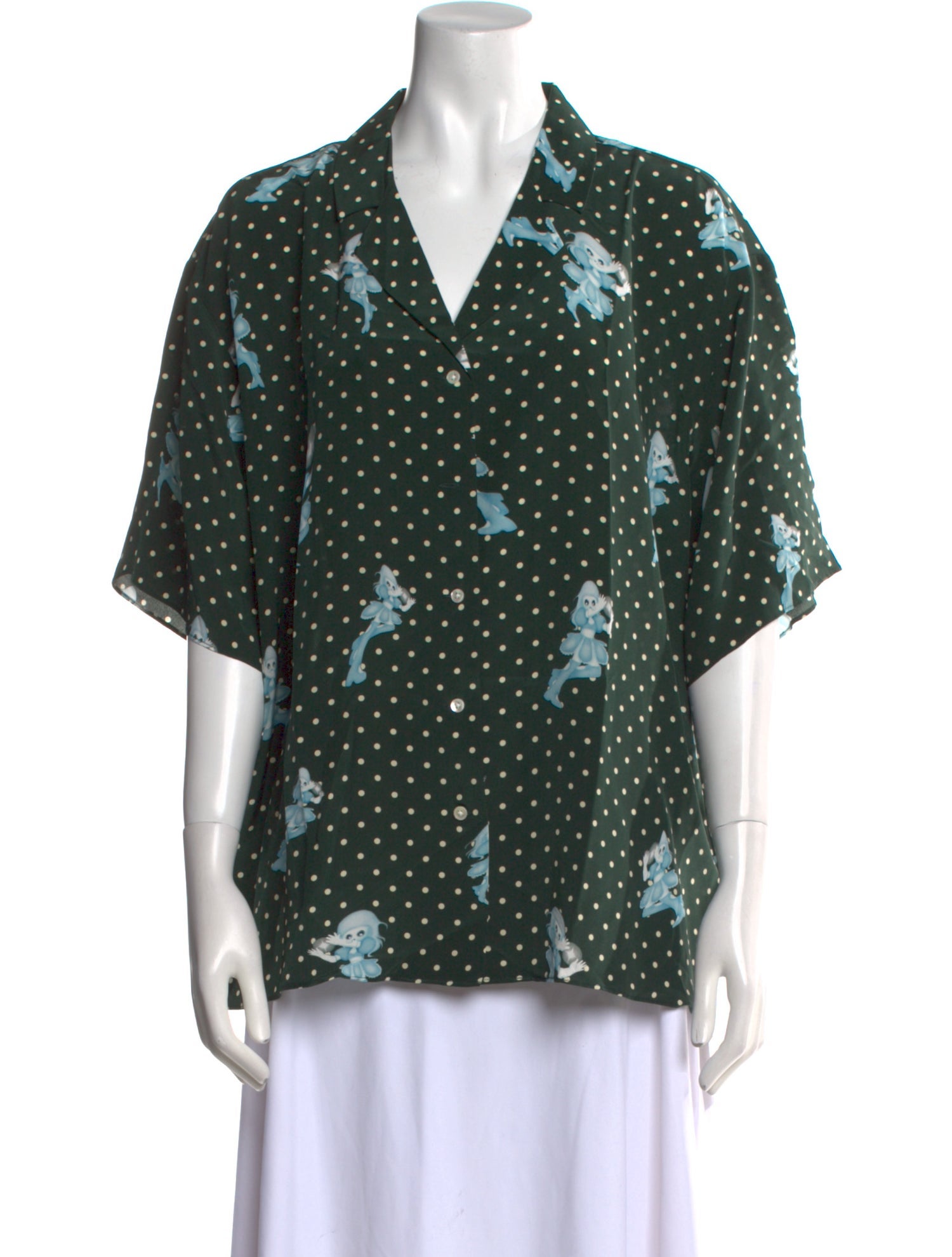 Sandy Liang Silk Polka Dot Print Button-Up Top w/ Tags