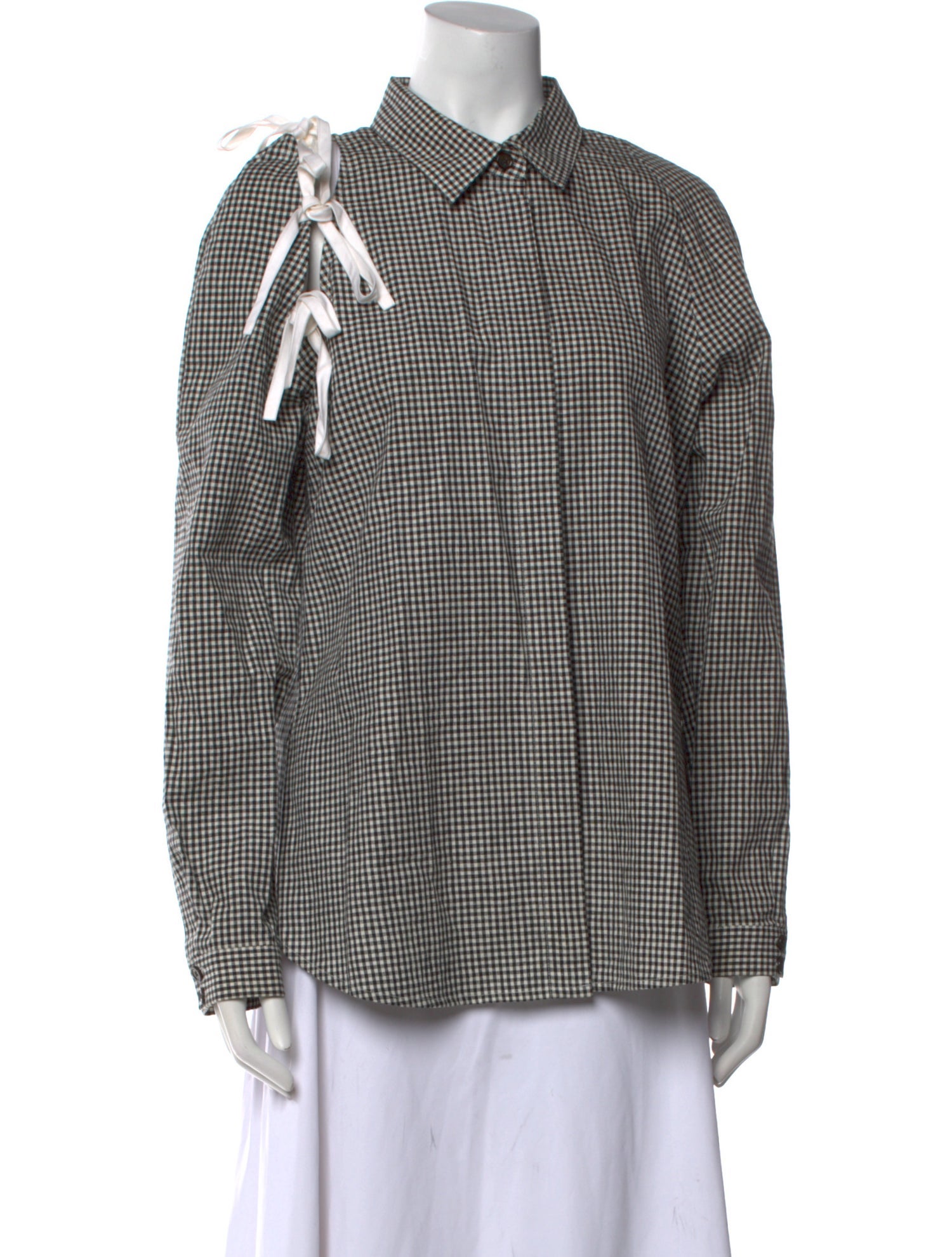 Sandy Liang Linen Plaid Print Button-Up Top