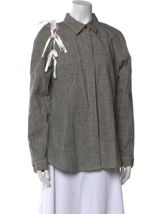 Sandy Liang Linen Plaid Print Button-Up Top