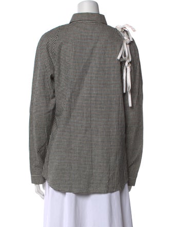 Sandy Liang Linen Plaid Print Button-Up Top