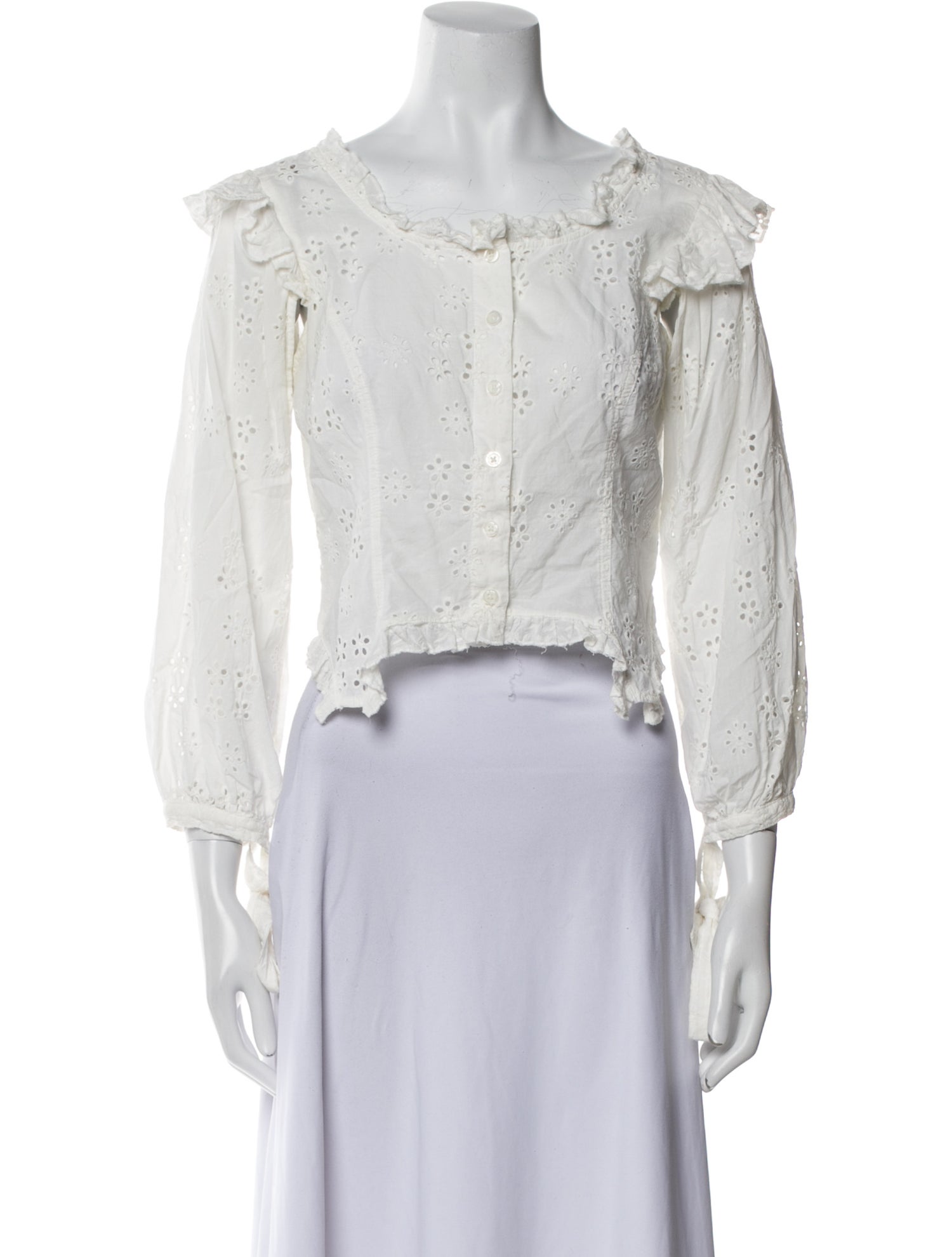 Sandy Liang Off-The-Shoulder Three-Quarter Sleeve Crop Top