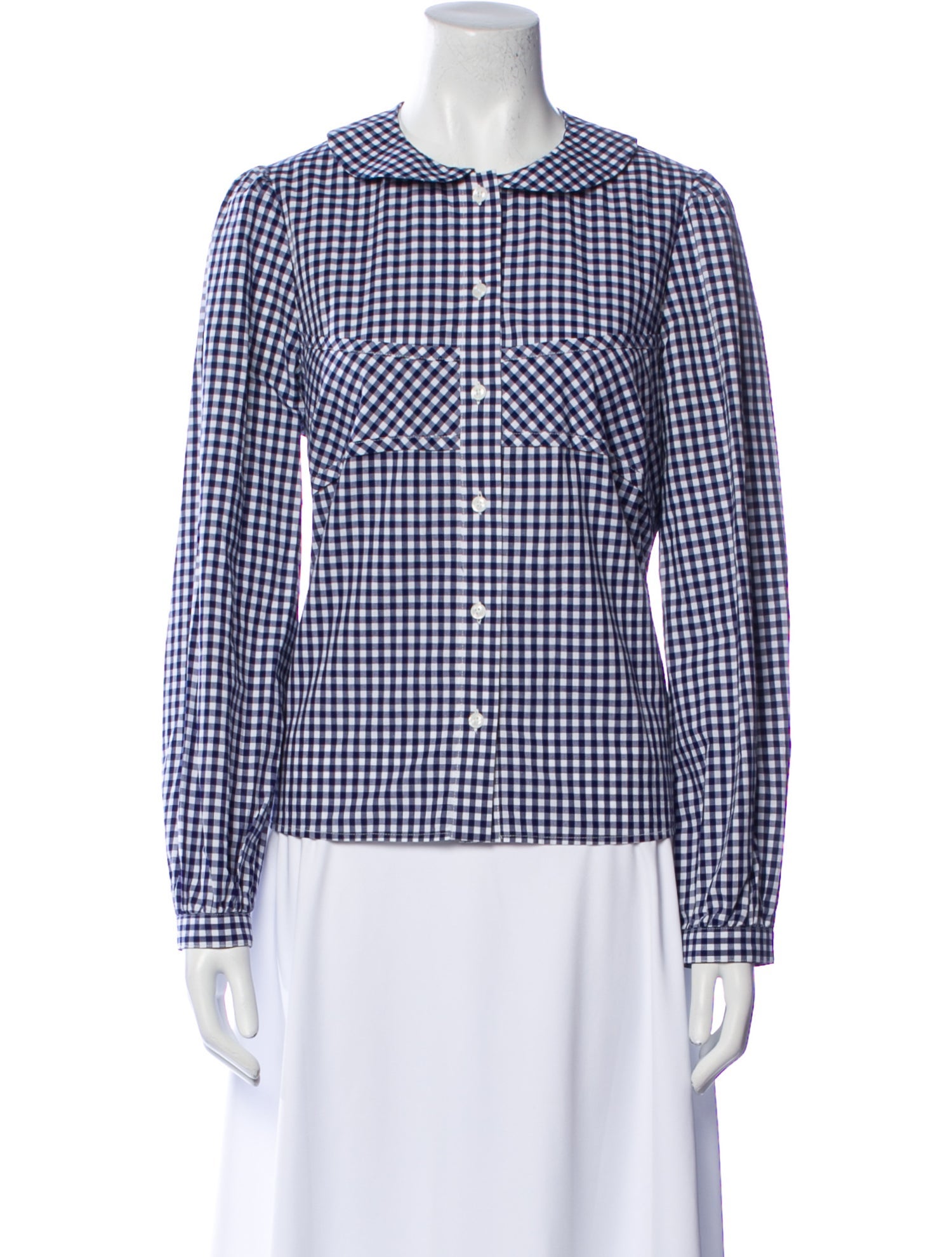 Sandy Liang Plaid Print Crew Neck Button-Up Top