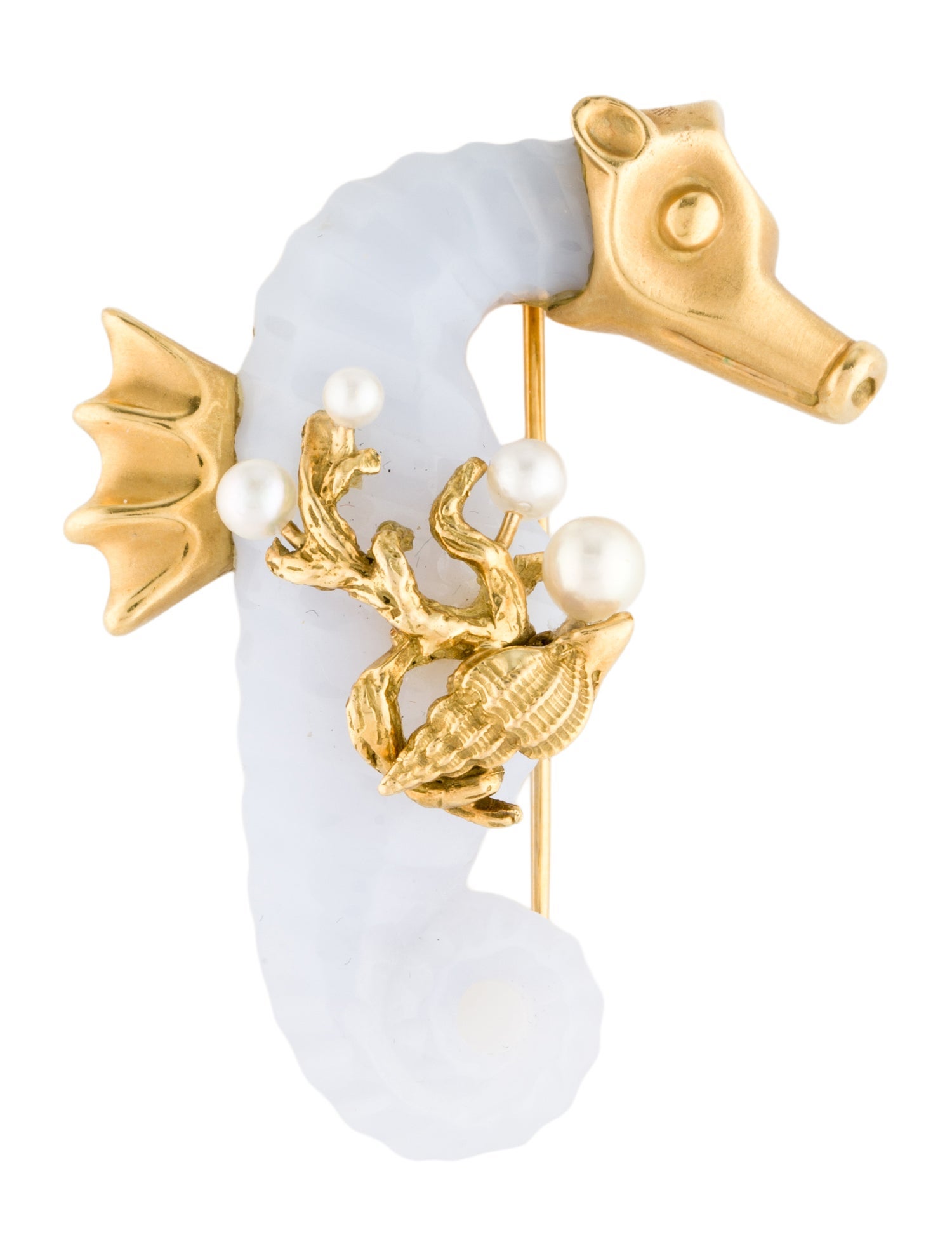 Seaman Schepps 18K Pearl & Chalcedony Seahorse Brooch