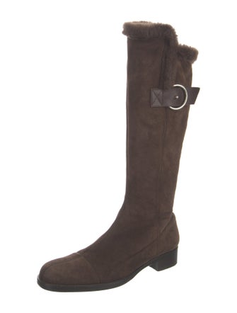 Sergio Rossi Suede Fur Trim Riding Boots