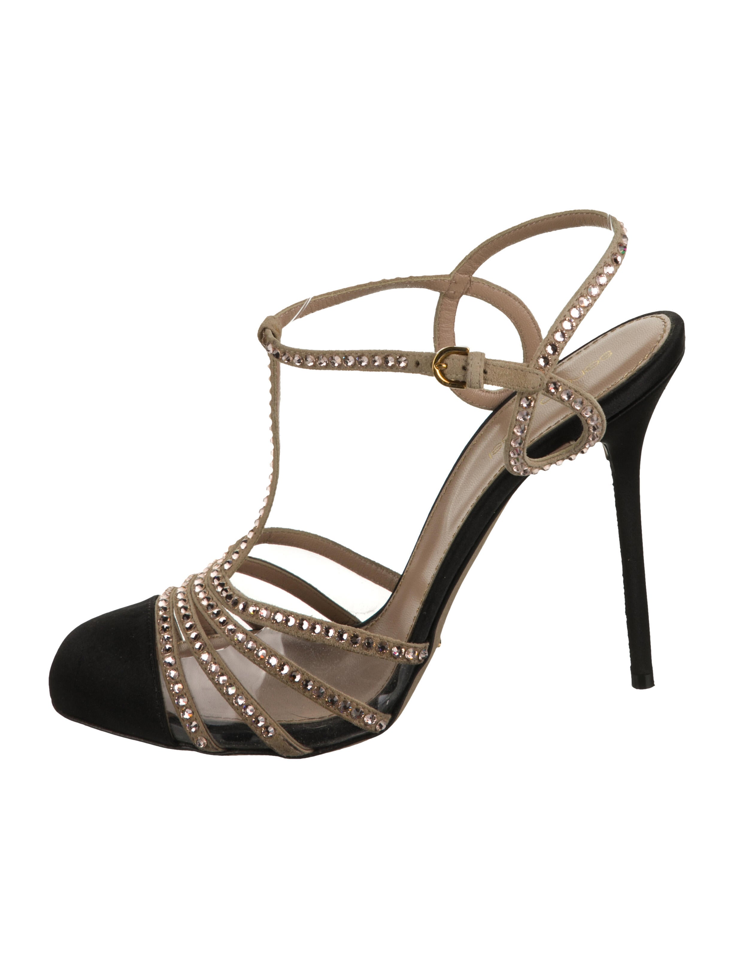 Sergio Rossi Leather Colorblock Pattern T-Strap Pumps