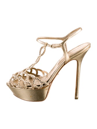 Sergio Rossi Leather Crystal Embellishments T-Strap Sandals