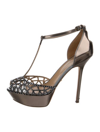 Sergio Rossi Patent Leather Crystal Embellishments T-Strap Pumps