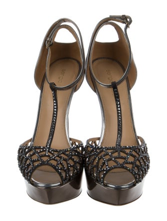 Sergio Rossi Patent Leather Crystal Embellishments T-Strap Pumps