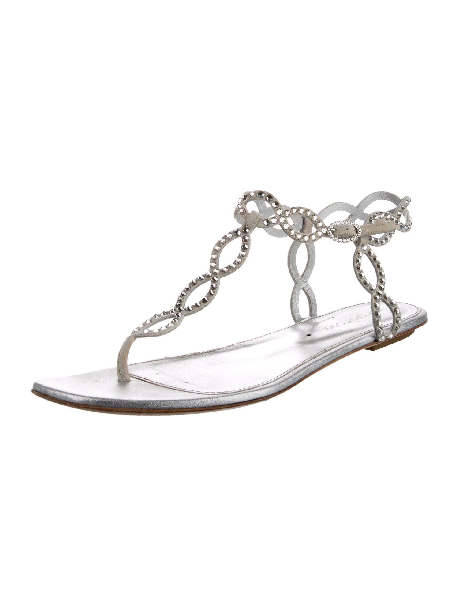 Sergio Rossi Leather Crystal Embellishments T-Strap Sandals