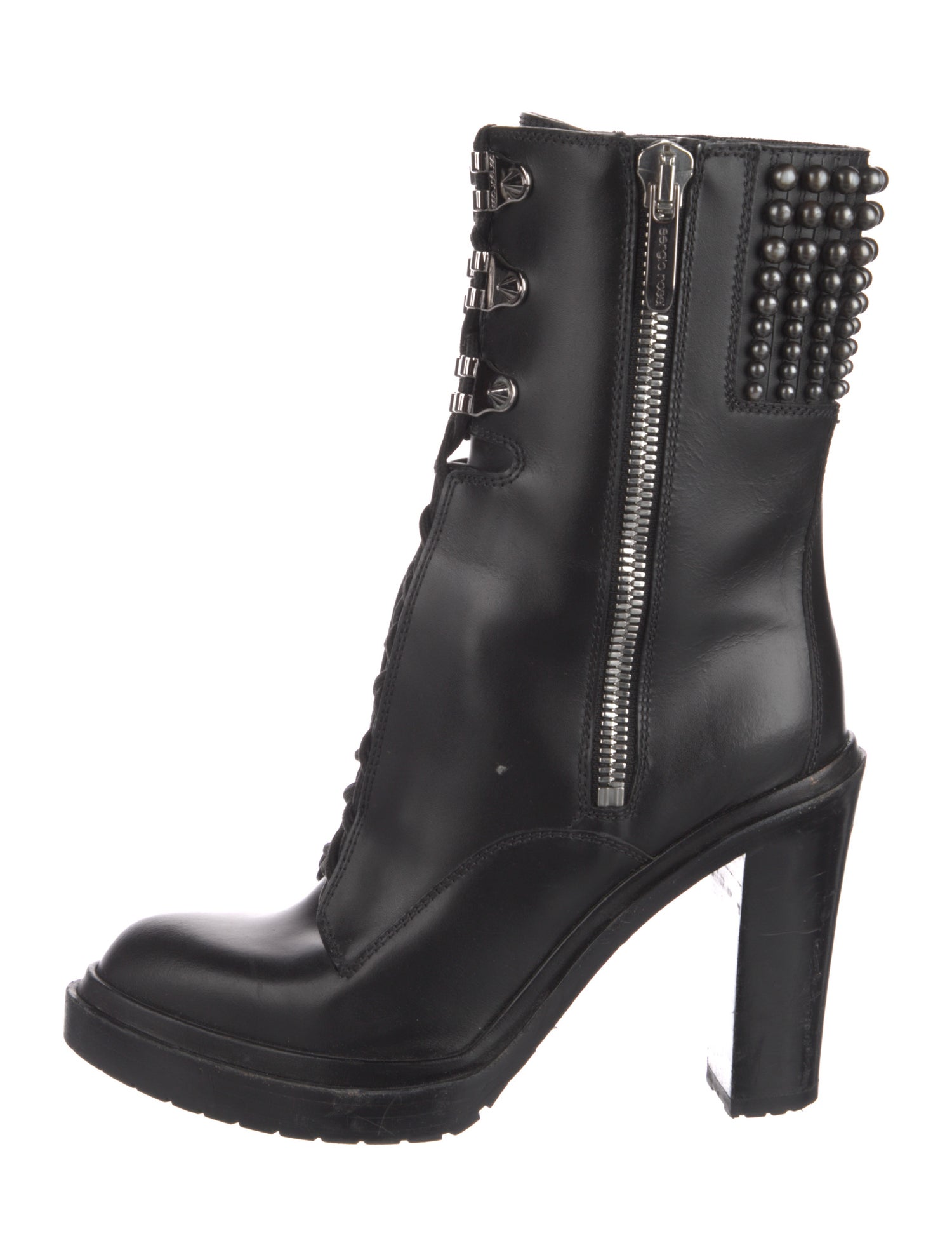 Sergio Rossi Leather Studded Accents Lace-Up Boots