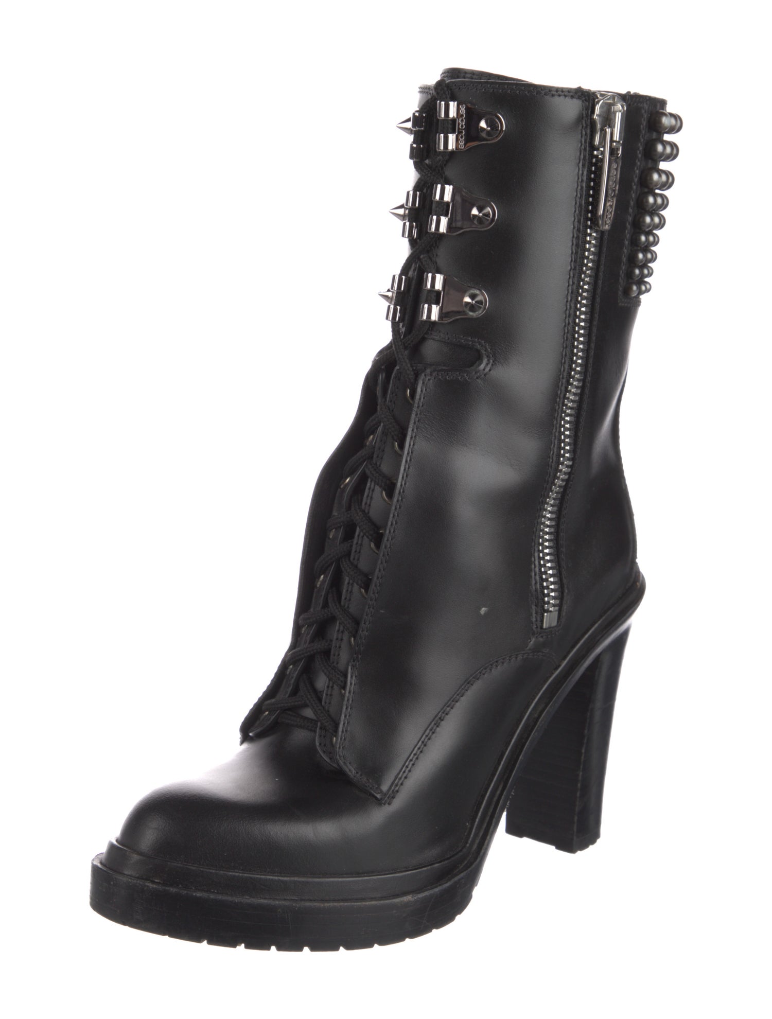 Sergio Rossi Leather Studded Accents Lace-Up Boots