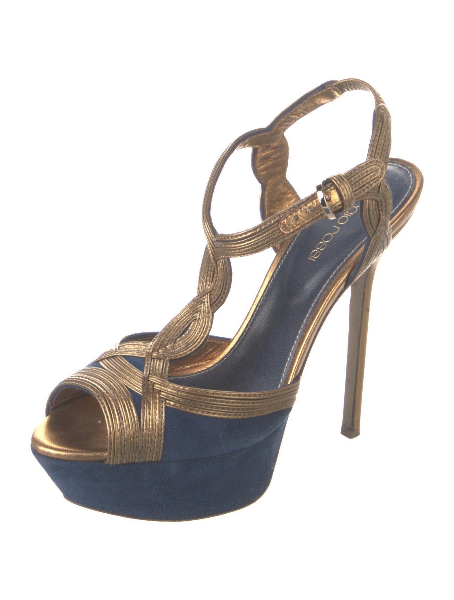 Sergio Rossi Suede Colorblock Pattern T-Strap Sandals