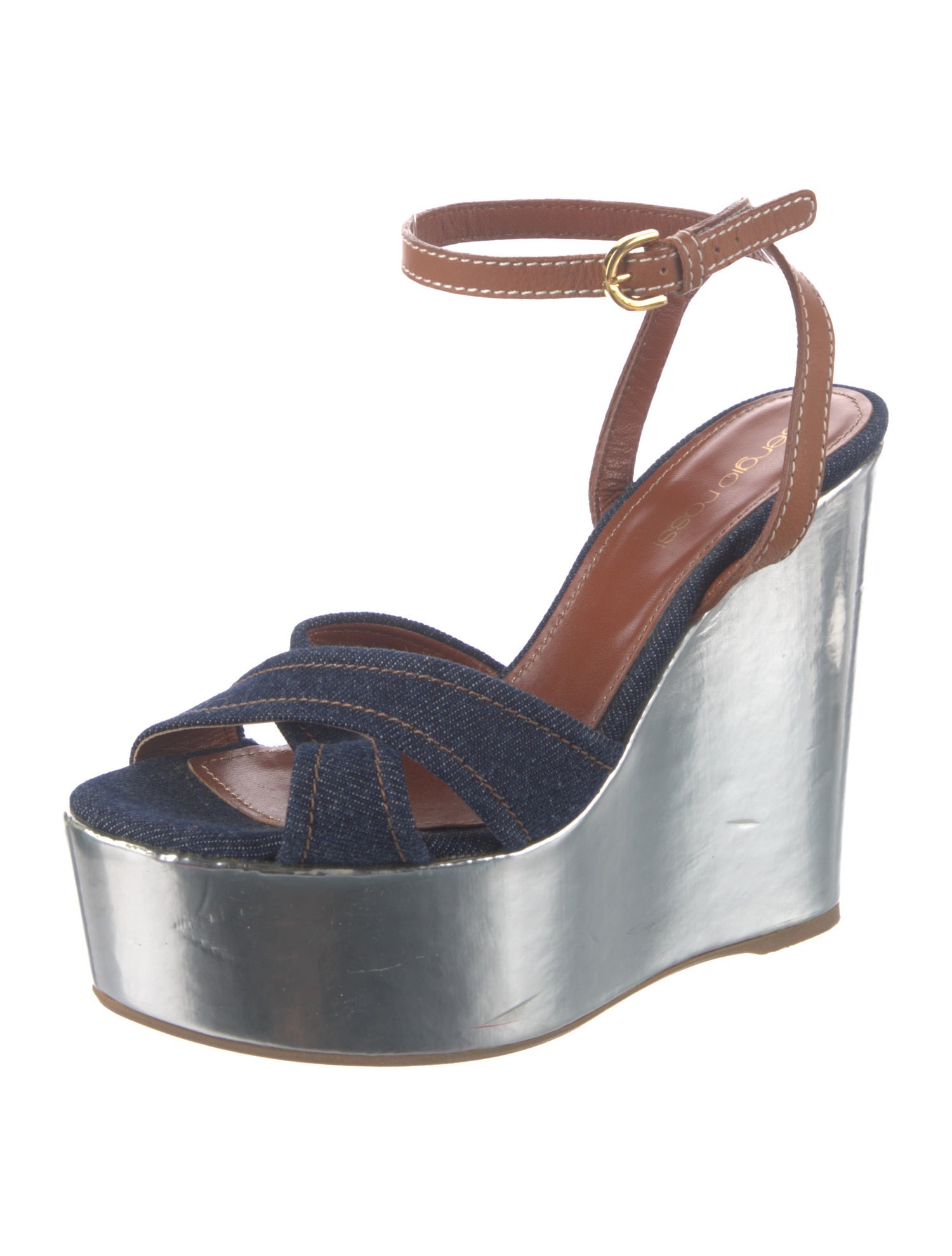 Sergio Rossi Denim Colorblock Pattern Sandals