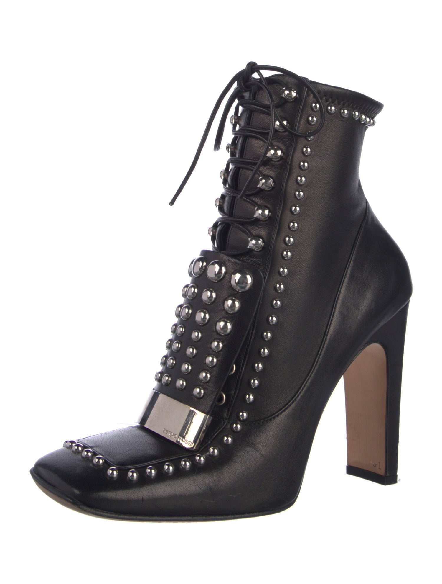 Sergio Rossi Leather Studded Accents Lace-Up Boots