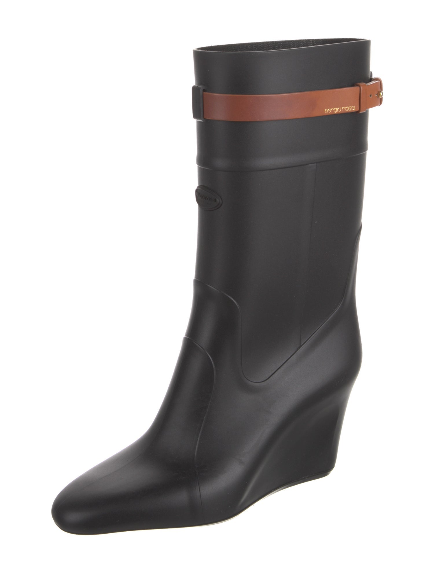 Sergio Rossi Rubber Leather Trim Embellishment Rain Boots