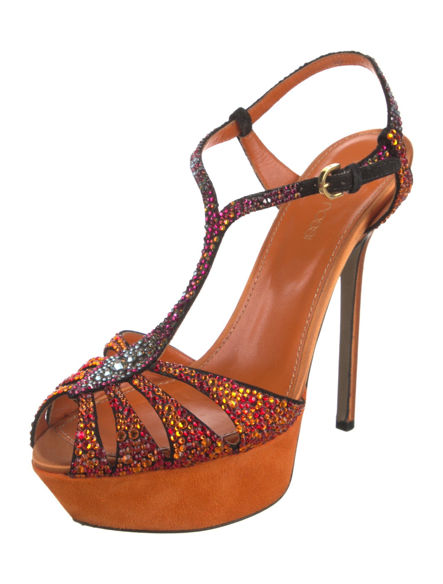 Sergio Rossi Satin Crystal Embellishments T-Strap Sandals