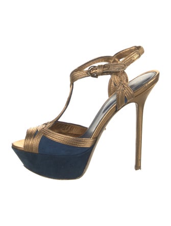 Sergio Rossi Suede Colorblock Pattern T-Strap Sandals