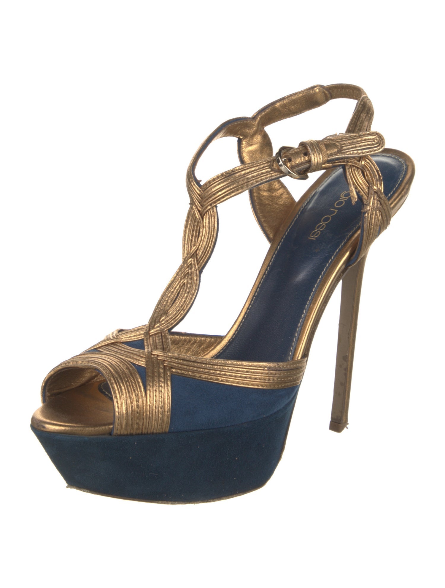 Sergio Rossi Suede Colorblock Pattern T-Strap Sandals