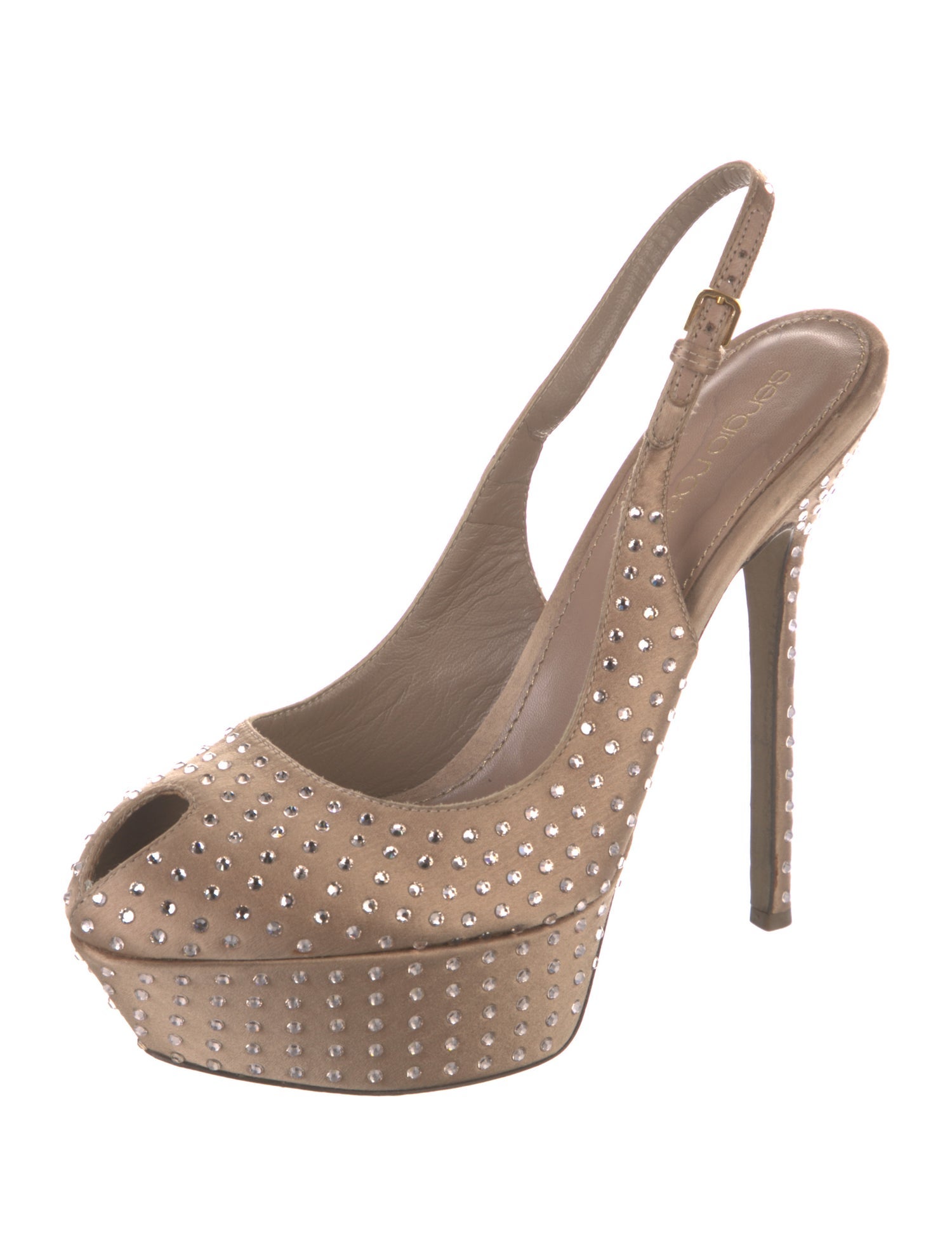 Sergio Rossi Satin Crystal Embellishments Slingback Pumps