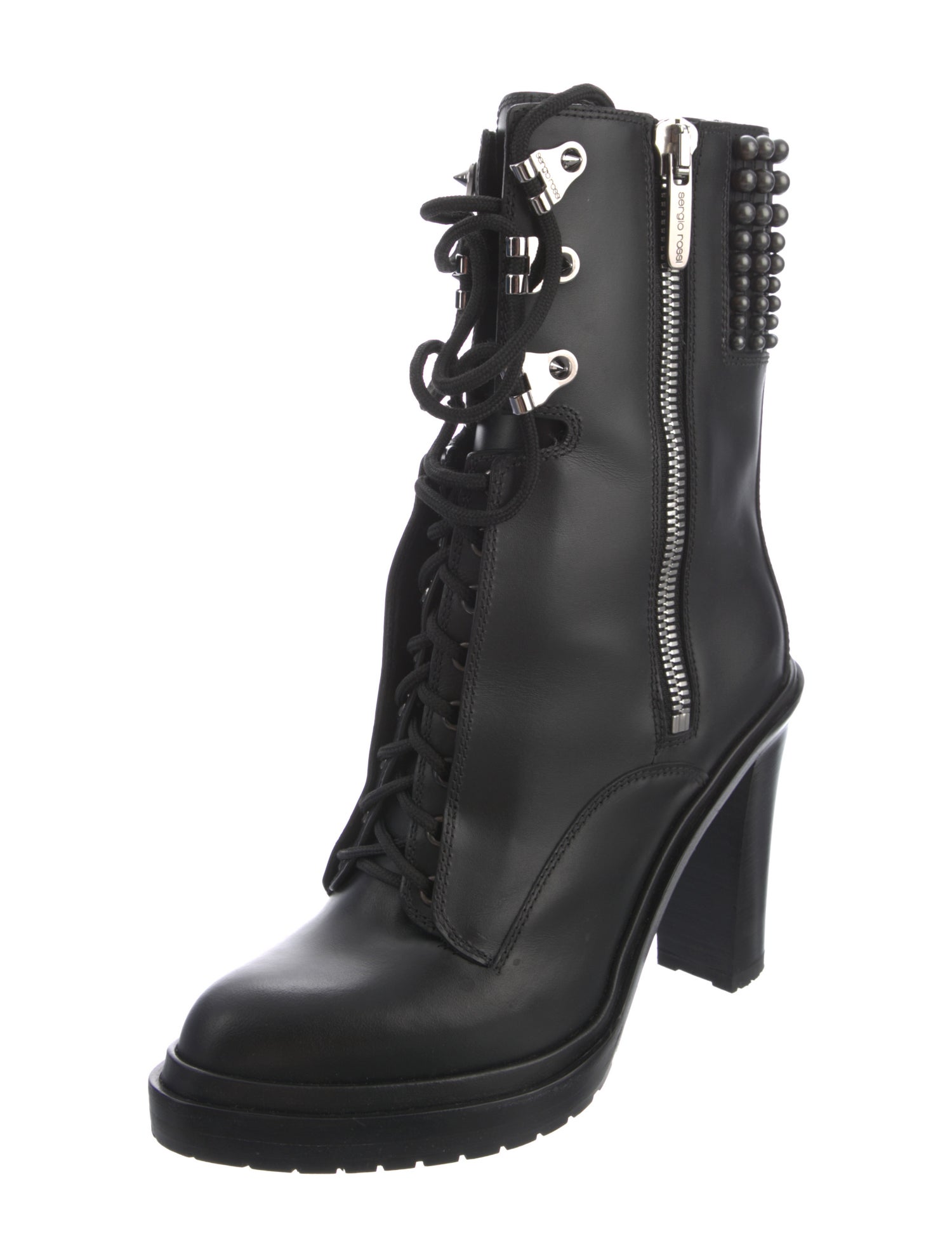 Sergio Rossi Leather Studded Accents Lace-Up Boots