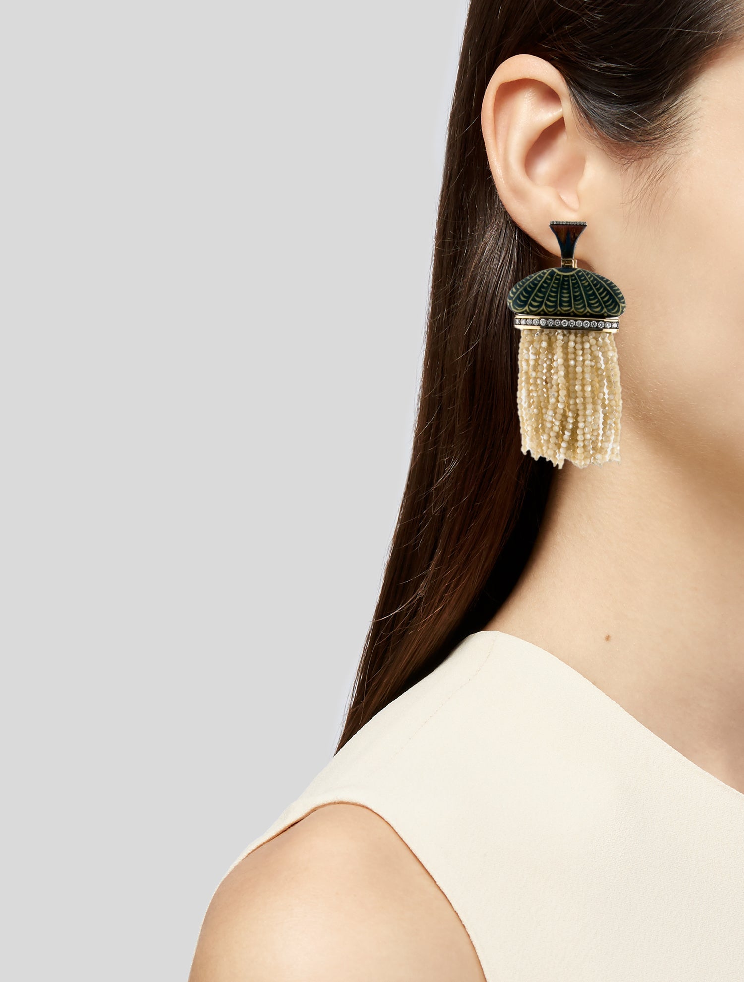 Silvia Furmanovich 18K Mother of Pearl, Diamond, & Marquetry Chandelier Drop Earrings