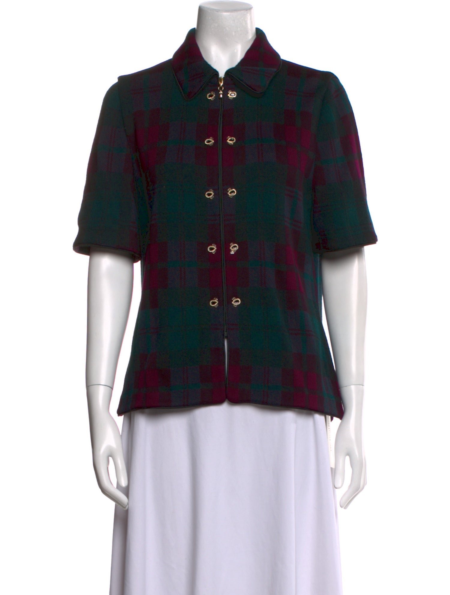 St. John Collection Wool Plaid Print Button-Up Top