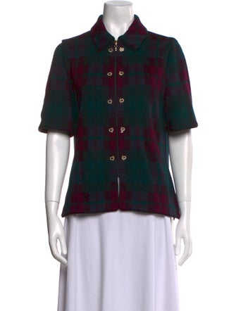 St. John Collection Wool Plaid Print Button-Up Top