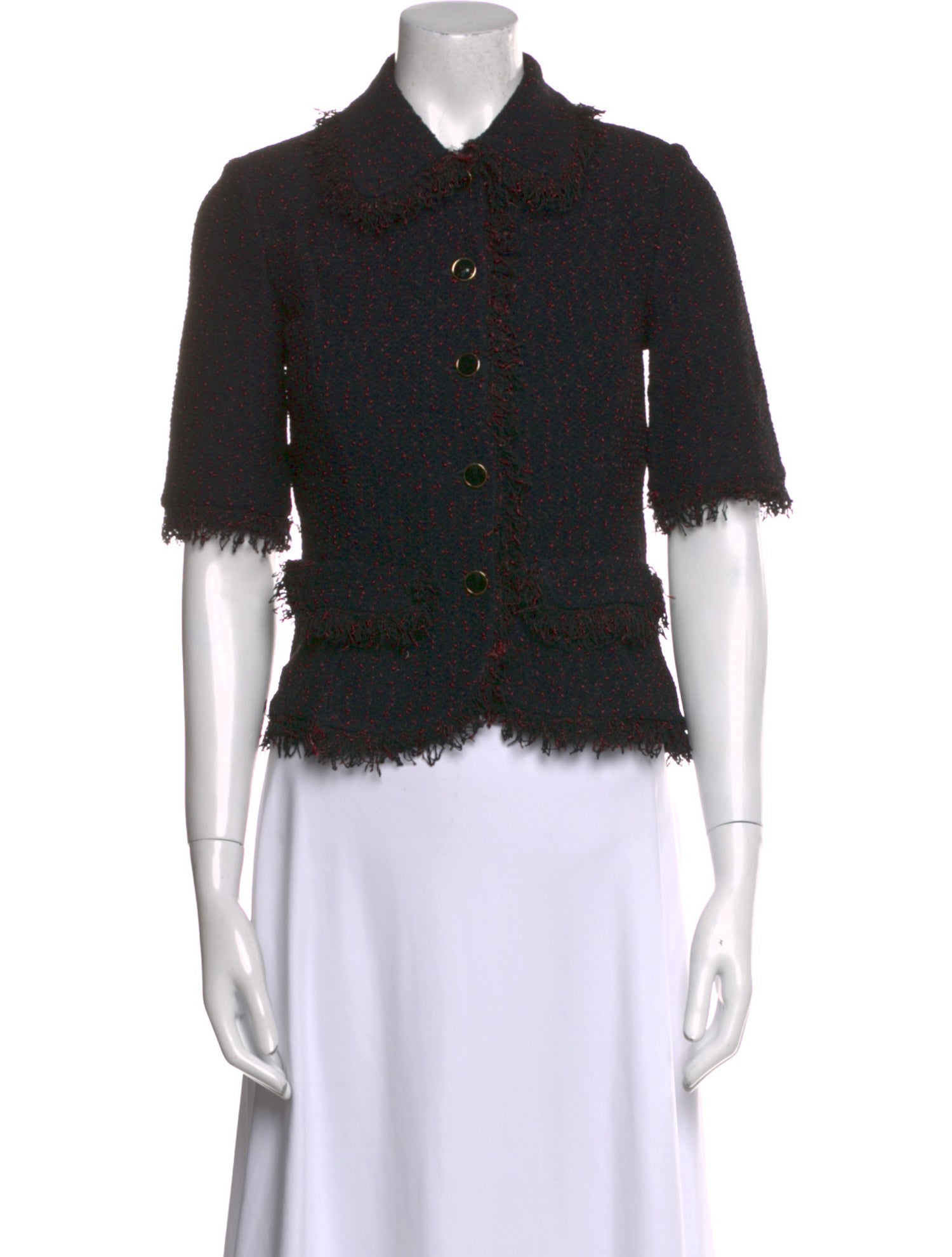 St. John Collection Tweed Pattern Short Sleeve Button-Up Top