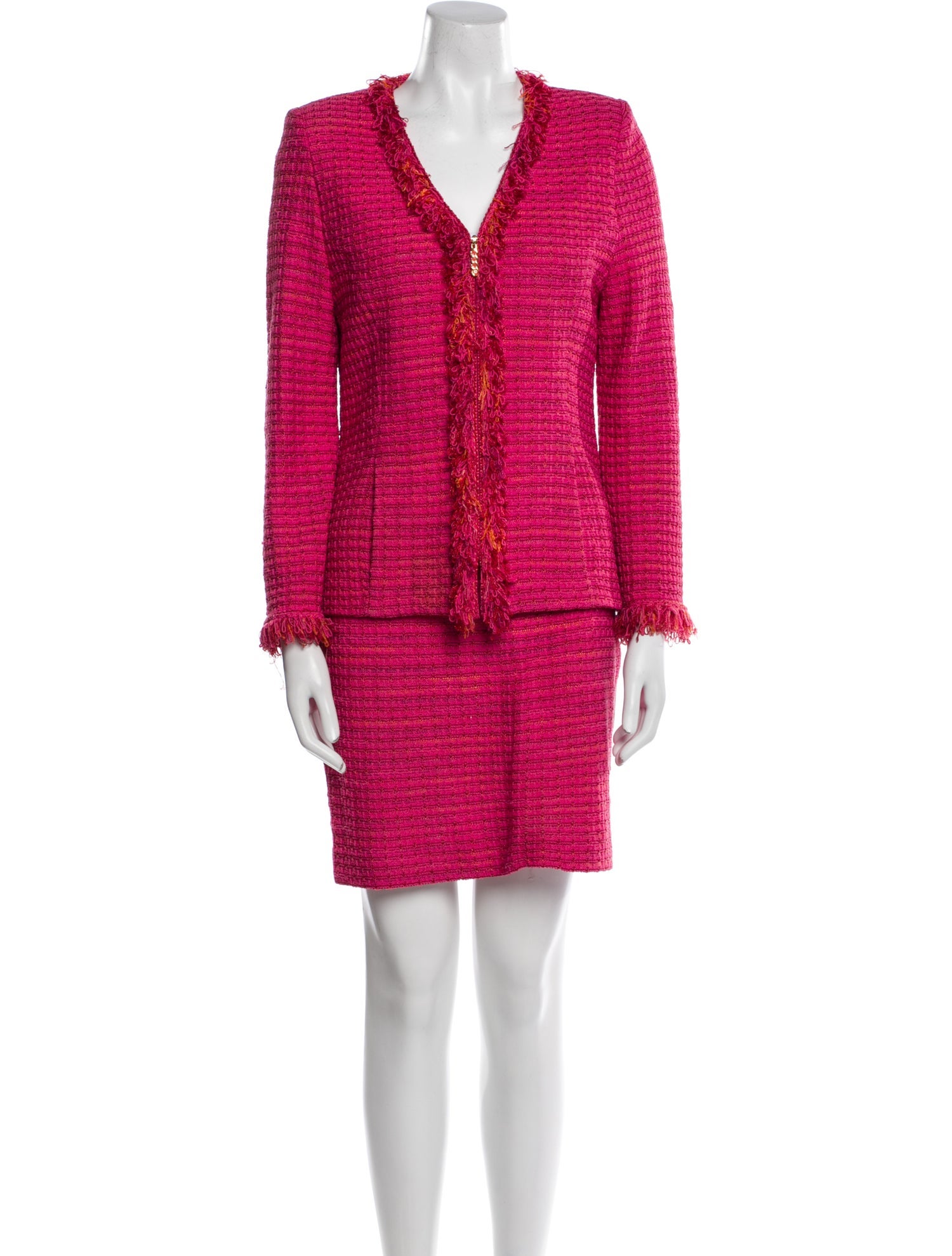 St. John Collection Striped Fringe Trim Accent Skirt Suit