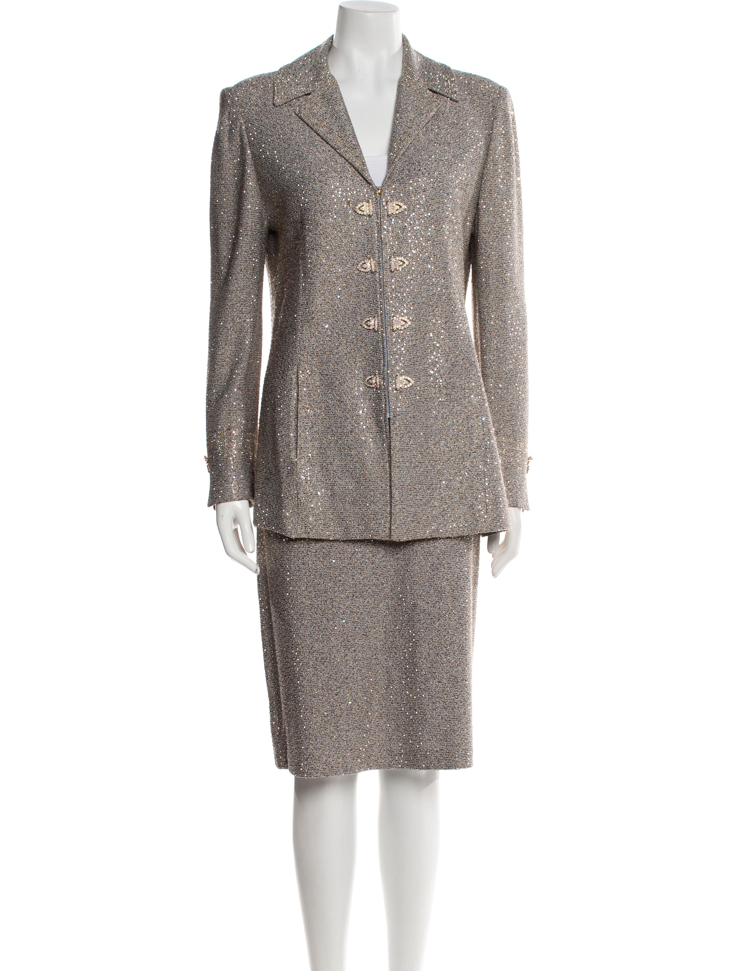 St. John Evening Wool Tweed Pattern Skirt Suit