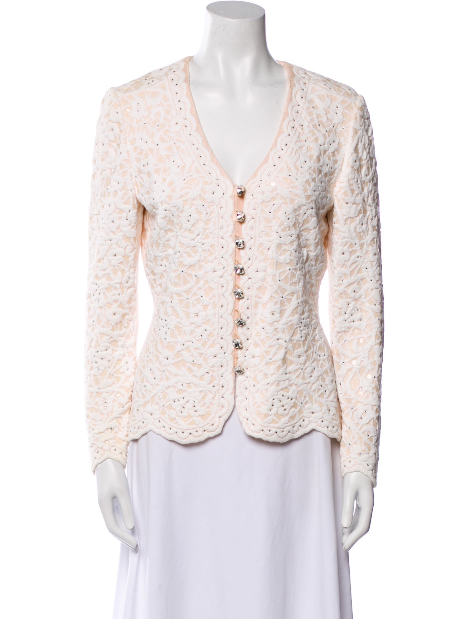 St. John Evening Lace Pattern V-Neck Button-Up Top