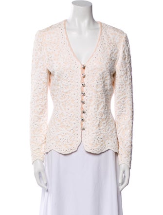 St. John Evening Lace Pattern V-Neck Button-Up Top