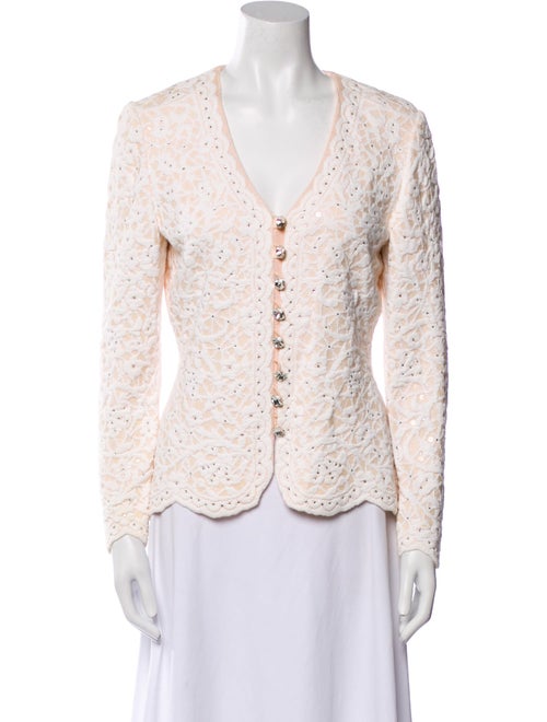 St. John Evening Lace Pattern V-Neck Button-Up Top