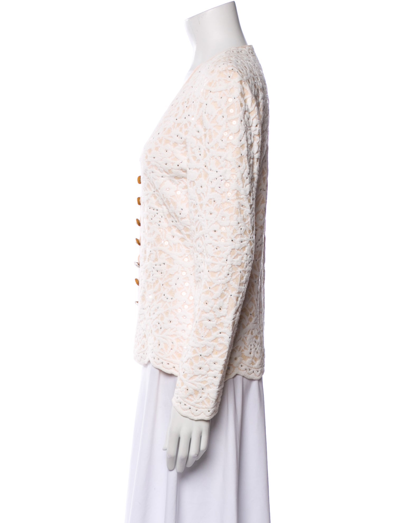 St. John Evening Lace Pattern V-Neck Button-Up Top