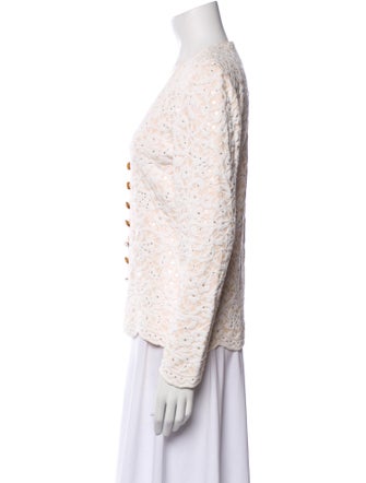 St. John Evening Lace Pattern V-Neck Button-Up Top